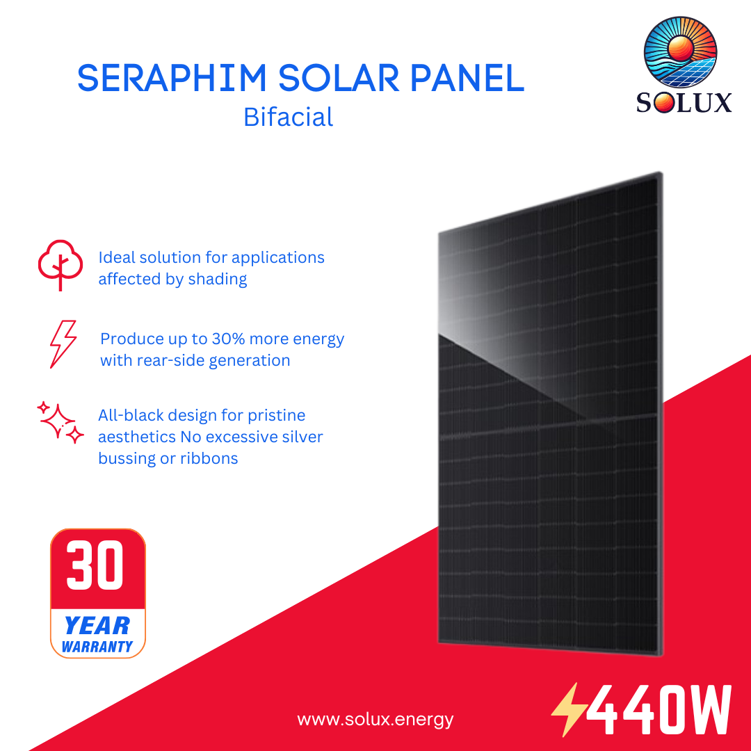 SEG-440-BTD-BG 440W Bifacial Solar Panel marketing graphic featuring an all-black bifacial solar module with a 30-year warranty, displayed with icons highlighting its high-efficiency rear-side generation and superior shading performance.